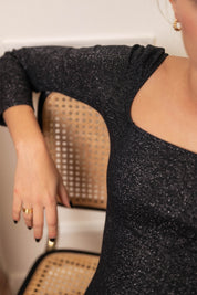 Body outwear en coton recyclé noir à paillettes argentés, vêtement à col carré décolleté à manches longues sans bouton pression